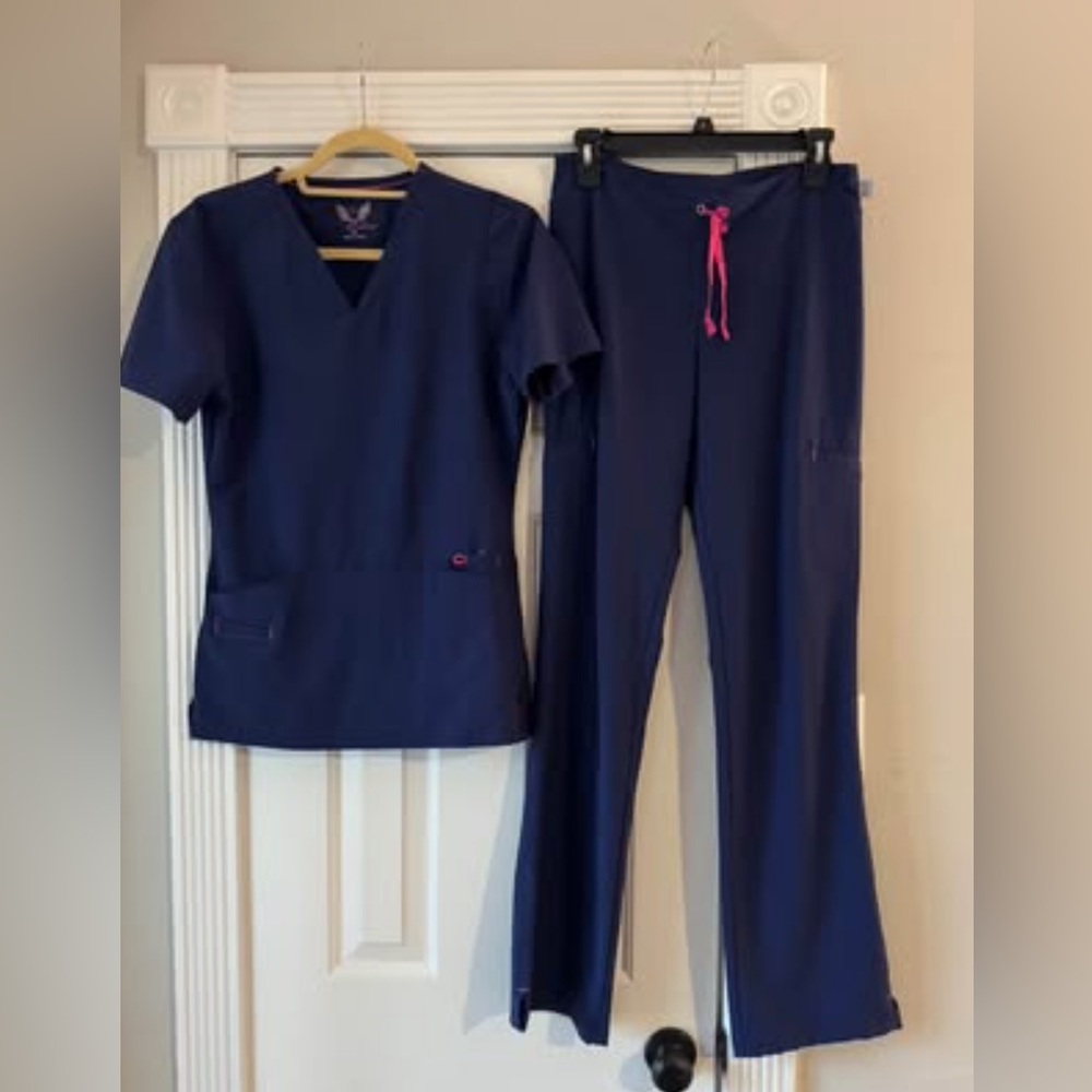 Smitten brand SCRUBS in NAVY blue & Hot Pink; Size S Top & TXS Pant